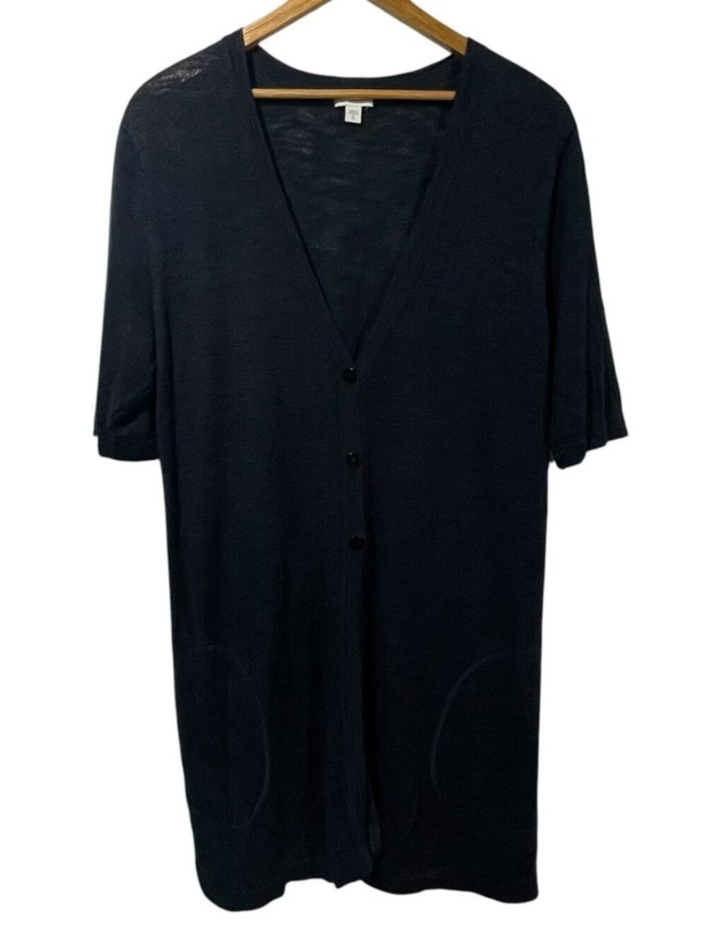 J Jill  Navy Blue Linen Blend Button Up Short Sleeve Cardigan Sweater Sz M Tall